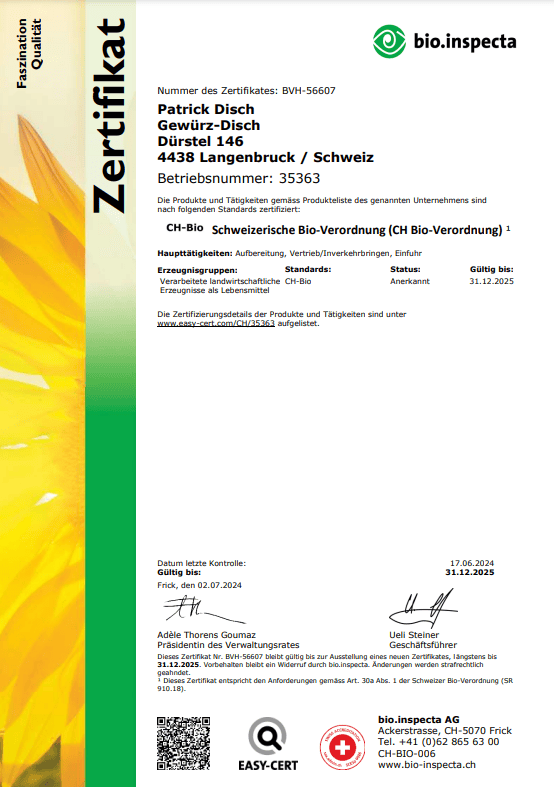 Bioinspecta2025 Zert gewuerzdisch